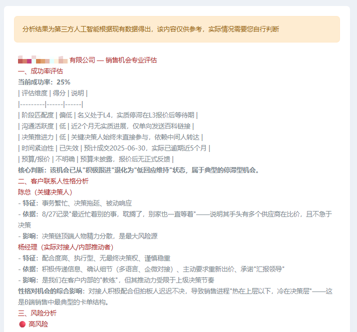 知客CRM AI销售分析:成功率预测、推进策略建议